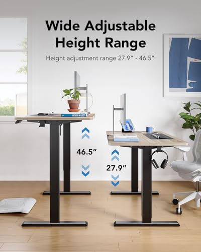 HUANUO 55" x 28" Electric Standing Desk Adjustable Height, 4 Memory Height Settings, Headphone Hook, Cable Manager, Sit Stand Up Desk for Home Office & Computer Workstation, Wooden Block