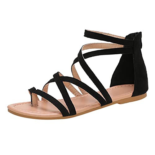 TEEL ONG - Sandalias planas de gladiador con correa cruzada para mujer, estilo griego antiguo con cremallera retro, color, talla 39 EU