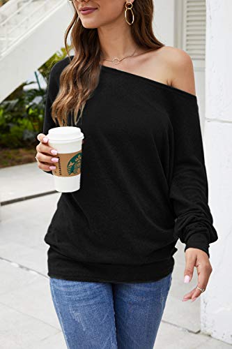 Aifer Long Sleeve Shirts For Women,Off The Shoulder Tops Black Pullover Sweater Casual Oversized Tunic Tops #TOP2