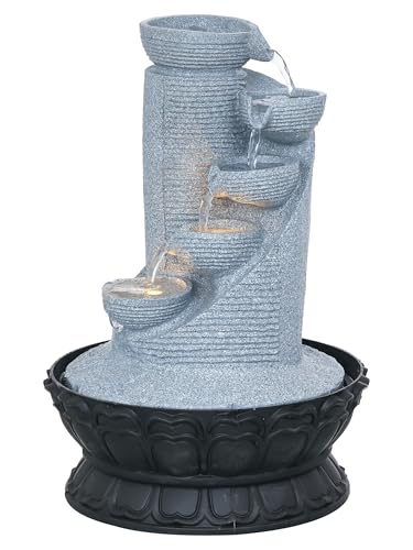 Image of CHRONIKLE Polyresin Grey Designer Table Top Indoor 5 Artistic Steps Waterfall Fountain with Yellow LED Lights & Water Flow Controller Pump (Size: 41 x 25 x 25 CM | Weight: 1980 gram | Color: Grey)