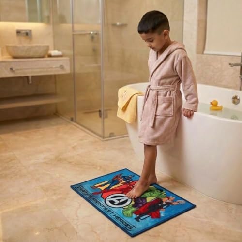 Image of Athom Living Marvel Avenger Character Printed Earth's Mightiest Heroes, Multi Colour Kids Nylon Bathmat, with Latex Backing, Anti-Skid Bathmat, 37 x 57 cm, Pack of 1