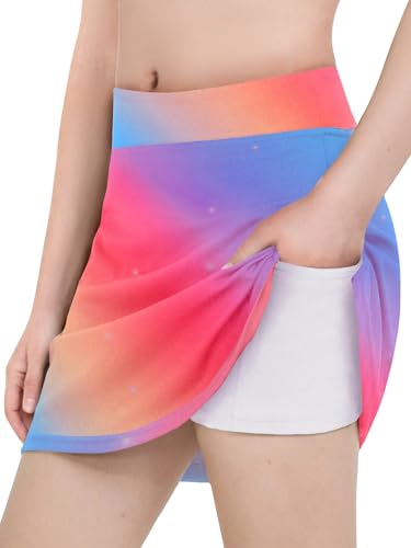 Haloumoning Girls Athletic Skorts Kids Tennis Skirt with Shorts Golf Running Workout Skort with Pockets 5-14 Years, Rainbow Tie-dye, 9-10 Years