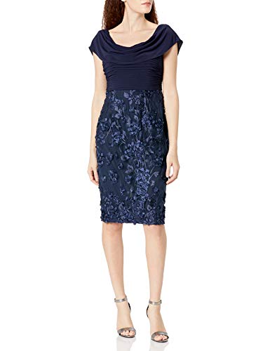 Alex Evenings Women's Short Embroidered Cocktail Dress, Wedding Guest (Petite and Regular Sizes), Navy Cowl, 6