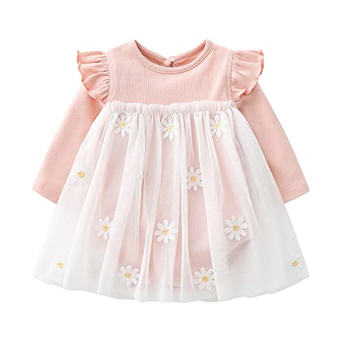 Image of Vivobiniya Toddler Girl Ruffle Daisy Tulle Bodysuit Dress Baby Girl Romper Long Short Sleeve Clothes