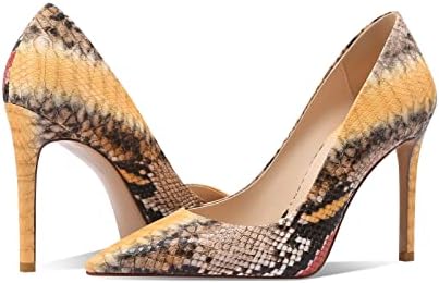 amiuwen Women Stilettos Pumps,Sexy Snakeskin,3.94" High Heels,Closed Pointed Toe,Dress Shoes for Wedding Party Office(8-8.5,Brownish Yellow)