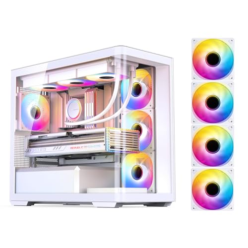 JONSBO D300 White Micro-ATX Tower Pc Case,â€‹One-Piece Glass Panel AO270 Deg View, MATX Back Plug-in BTF Motherboard, Support 360 AIO, 40-Series GPU,with Fans 4PCS (3 Reverse +1 Positive) White