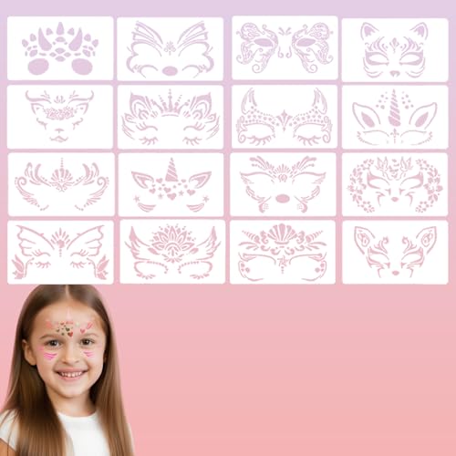 16 Piezas Plantilla de Pinturas Cara,Plantillas Reutilizables para Pintura para Ninos y Adulto,para Halloween Fiestas de Maquillaje Carnaval
