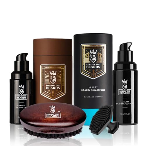 LORD OF THE BEARDS Premium Beard Care Kit – Tobacco Docks & Vanilla Scented Beard Oil, Beard Shampoo, Beard Brush & Facial Brush – Ultimate Grooming Set for Men – Luxury Gift for Bearded Men