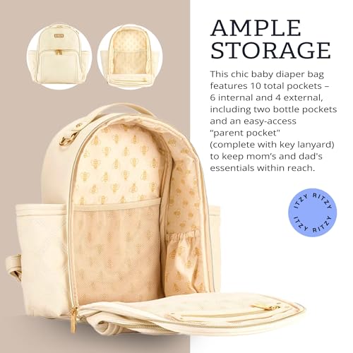 Itzy Ritzy Mini Diaper Bag Backpack – Chic, Compact Mini Plus Backpack with Changing Pad, 10 Pockets (6 Internal, 4 External), Grab-Top Handle & Rubber Feet (Milk & Honey) by Itzy Ritzy - Image 6