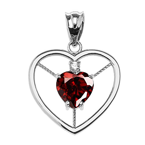 14k White Gold Heart January Birthstone Genuine Garnet and Diamond Open Heart Pendant