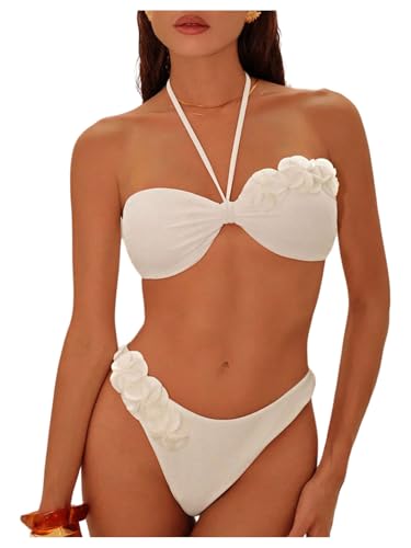 SHENHE Womens Halter Bandeau Bikini Set 3D Flower Swimsuits High Cut Bathing Suits 2 Piece White Small