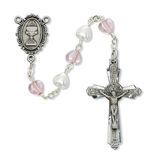 Pink and Simulated Pearl Heart Communion Rosary with Pewter Crucifx and Center w/ Gift Box