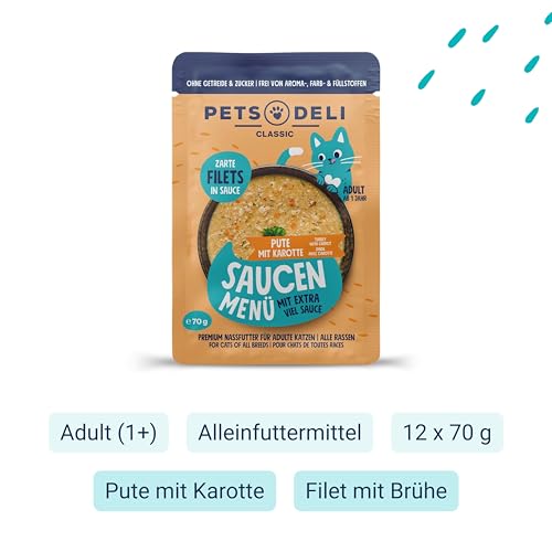 Pets Deli Saucen Menü Nassfutter für Katzen mit Pute & Karotte, 12x70g