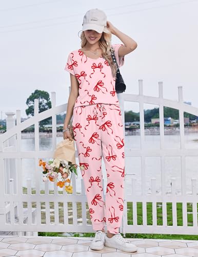 Image of Ekouaer Pajamas for Women Set Short Sleeve Lounge Set Jogger Pants Pjs Soft Sleepwear with Pockets S-XXL