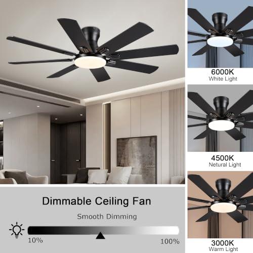 Image of JSAITEE Ceiling Fans with Lights, 52 Inch Low Profile Ceiling Fan | Ceiling Fan with Light Flush Mount, DC Reversible Motor, Noiseless, Black 6 Speeds Ceiling Fan for Bedroom