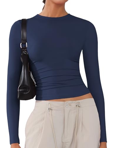 ARCFEETORY Women's Soft Long Sleeve Shirts Crew Neck Tops Basic Tees Stretchy Going Out Crop Tops Y2K Slim Fit T-Shirts Navy Blue XS