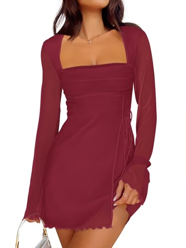 Image of Caracilia Womens Sexy Mesh Ruched Mini Dresses Long Sleeve Square Neck Tie Fall Club Party Cocktail Short Dress 2026 Fashion