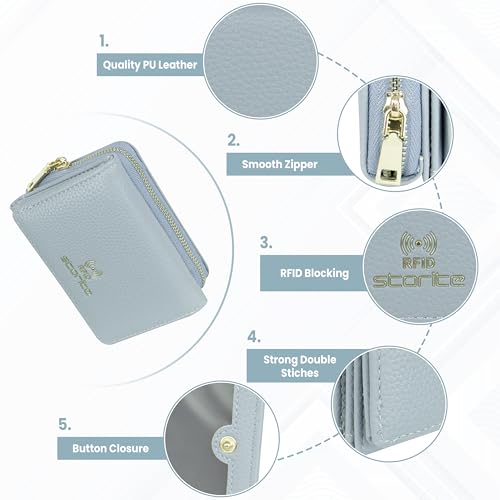 Image of Storite Women RFID Wallet | PU Leather | Slim Mini Zipper Purse with 5 Card Slots, ID Window, Cash & Coin Pocket | Button Closure (Light Blue - 11 x 8 x 4.2 cm)