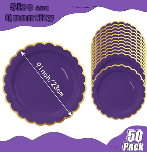 Image of HEIPINIUYE 50 Pieces Purple Paper Plates with Gold Foil 9 Inch Disposable Purple Scalloped Dinner Plates for Wedding Baby Shower Birthday Party Dessert Plate