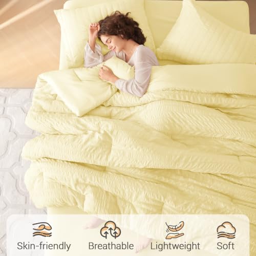 Image of MUXHOMO 7 Pieces Full Comforter Set, Seersucker Bed in a Bag Full Size, All Season Luxury Bedding Set with Comforter, Flat Sheet, Fitted Sheet, Pillowcases & Shams, Yellow