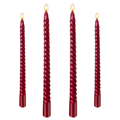 Red Candles 10 Inch Metallic Red Taper Candles Pack of 4 Dripless Tall Twisted Candle Unscented Dinner Candle for Candlesticks Wedding Christmas Birthday Party Decoration