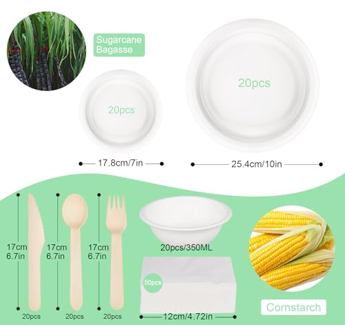 ilauke 170 Stück Weiß Pappgeschirr Geschirr Set, Kompostierbar Ökologisch Pappteller und Besteckset,für Camping Party und Picknick Set inklusive Teller, Löffel, Gabel, Messer, Servietten, Schüsseln