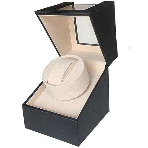 Image of Single Watch Winder for Automatic Watches, Super Quiet, in Wood Shell and Black Leather /Carbon Fiber Leather, Japanese Motor