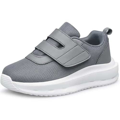 Mesh Athletic Walking Shoes for Boys, Hook and Loop Straps, Gray and White