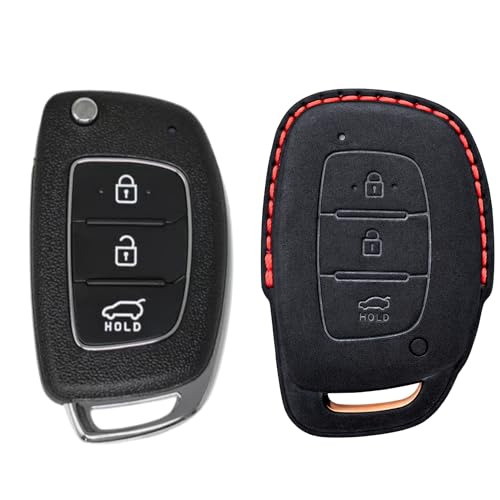 Image of KMH Alcantara Car Key Cover Compatible Hyundai Grand i10 NIOS Asta | Venue | i20 | Aura | Creta | Elantra 3 Button Shell Case Holder Full Key Protector Smart Keycover (D1) Black - Pack of 1