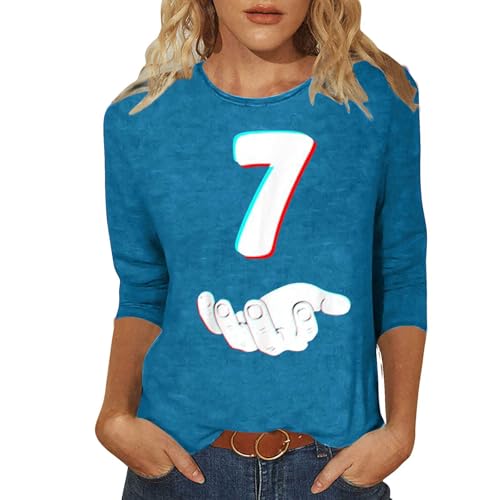 FOCLMP 6 7 Meme Shirts for Women Gen Alpha Slang Funny Hand Number Six Seven T-Shirt 3/4 Length Sleeve Novelty Tshirts Blue S