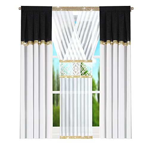 Generisch Set Toronto 410x250 Schwarz+Weiss+Gold Gardine Paneel und Vorhänge Fensterdekoration Wohnaccessoires & Deko