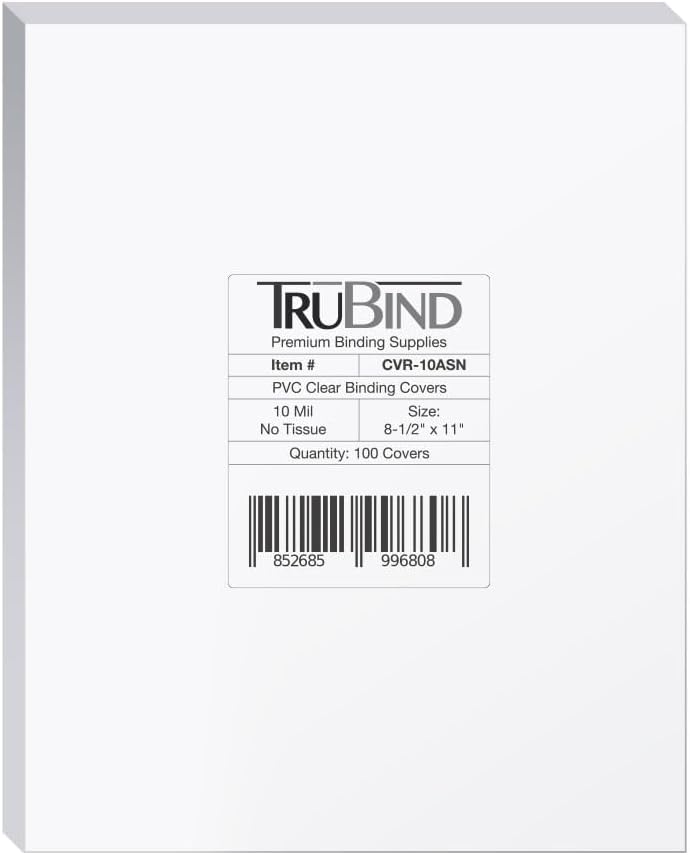 TruBind Binding Covers for Reports and Presentations - Crystal Clear PVC - 10 Mil Thick - Letter Size - 8 3/4 inch x 11 1/4 inch - Round Corners - Includes Tissue Interleaving - 100/Bx (CVR-10BRT)