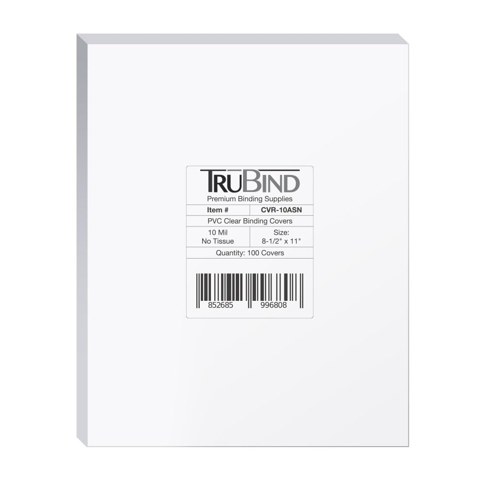 TruBind Binding Covers for Reports and Presentations - Crystal Clear PVC - 10 Mil Thick - Letter Size - 8 1/2 inch x 11 inch - Square Corners - No
