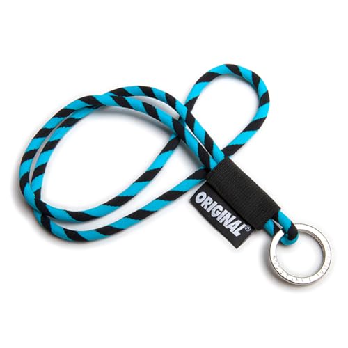 OLLIE TRICK Lanyard - Llavero de cuello tubular con anilla de metal para llaves de casa, coche y gadgets, grosor de 8 mm, colorido, robusto y adhesivos (negro y azul), Negro y azul., Talla única