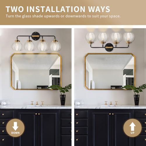 Image of 4-Light Black Gold Bathroom Light Fixture Vanity Light Sconces Wall Decor Set of 2 with Clear Glass Ribbed Globe Shade Bathroom Vanity Lights Above Mirror for Powder Room Farmhouse