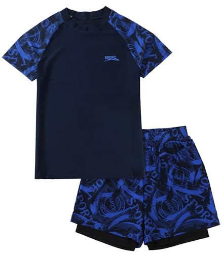 SEAUR Swimming Costume for Teen Boys Bathing Suits Two Pieces Swimsuits with Board Shorts Kids Printed Short Sleeve Swim Set Swimwear Dark Blue 13-14 Years