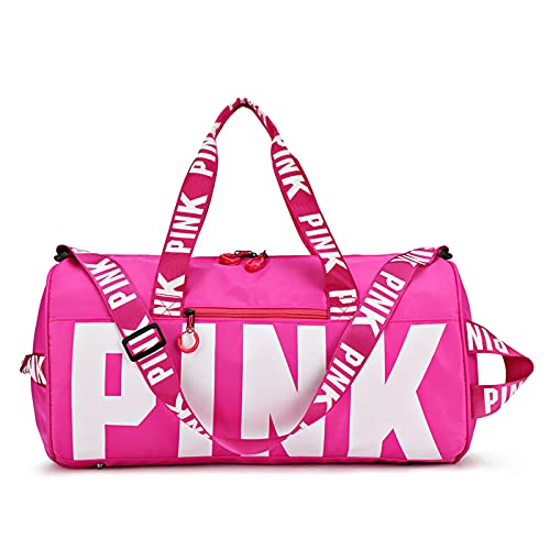 Pink Logo Small Couple Travel Duffel Bag for Men and Women, Workout Sport Bags for Gym Waterproof Dufflebag with Wet Pocket & Shoes Compartment Weekender Bags Lightweight Toiletry Swimming Bag