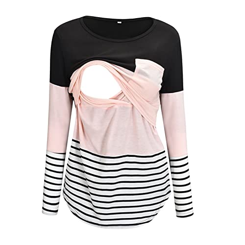 Pijamas de Lactancia para Mujer Invierno Algodón Pijamas de Maternidad de Hospital para Premamá Conjunto de Embarazadas de Mangas Largas para Mujer S-XXL (Rosado, L)