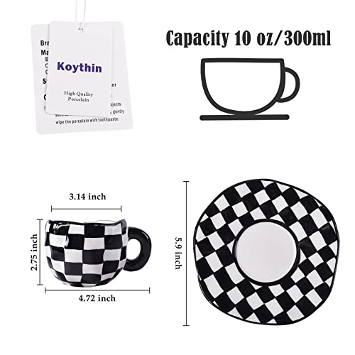 Image of Koythin 10oz Ceramic Coffee Mug With Saucer, Black White Plaid Latte Cup | 300ml Drinkware, Microwave & Dishwasher Safe; Daily Office Cup, Sweet Gift For Women