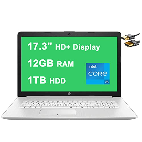HP Flagship Laptop 17 Computer 17.3" HD+ Display 11th Gen Intel 4-Core i5-1135G7 (Beats i7-1065G7) 12GB RAM 1TB HDD Intel Iris Xe Graphic Backlit Keyboard DVD-RW Win10 Silver + HDMI Cable