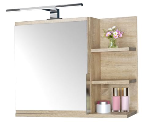 DecoNest Spiegelschrank 60x50 Sonoma Eiche, Badezimmerschrank mit Ablagen, Badezimmerspiegel, Hängeschrank LED Lampe - Recht