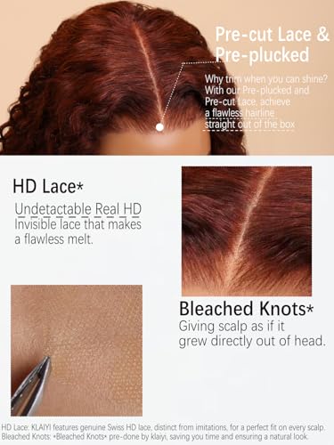 Image of KLAIYI Bye Bye Knots Glueless Wig Reddish Brown Curly Pre Cut 7x5 Lace Front Wigs Human Hair Drawstring Pre Plucked Bleached 30S Ready to Wear and Go Wig Water Wave Beginner Wigs with Baby Hair 14Inch