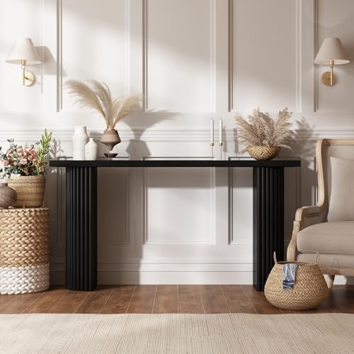 Image of Fluted Solid Wood Console Table - 55 Inches Mid Century Modern Foyer Table, Entryway Hallway Minimalist Sofa Table, Half Round Legs, Black