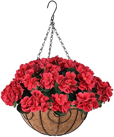 ZFProcess Artificial Flowers Hanging Basket with Begonia Silk Flowers for Outdoor/Indoor, Artificial Plants in Coco Coir Liner Basket Artificial Geranium Flowers for Patio Lawn Garden Decor(Red)