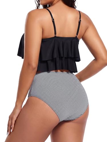 Image of Bathing Suits for Women High Waisted Swimsuits Tummy Control Two Piece Tankini Ruffled Top with Swim Bottom Bathing Suits