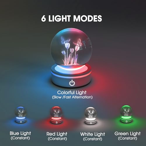 Image of L LOHAS LED 3D Crystal Ball Night Light-Laser Engraved Floral, Silver Base