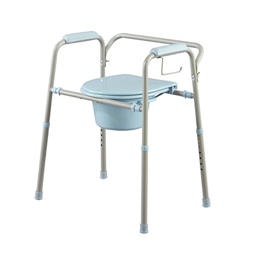 Medline Steel 3-in-1 Bedside Commode, Portable Toilet with Microban Protection, Can Be Used as Raised Toilet Seat Riser, Light Grey with Blue Accent