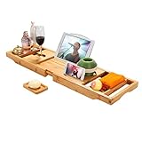 Simath Bathtub Caddy Tray - Luxury Bamboo Bath Tray with Extending Sides, Book/Tablet/Wine Glass Holder with Free Soap Holder