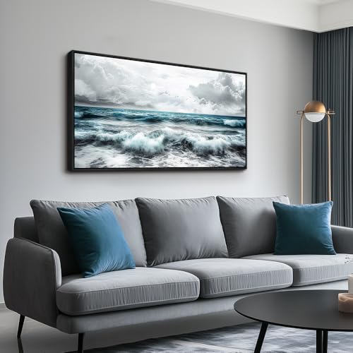 ERQINHUA Black And White Beach Canvas Wall Art For Living Room Wall Decoration For Bedroom Office Wall Decor Blue Sea Wave Printing Pictures Artwork Home Decor Painting Black Framed 24x48 In