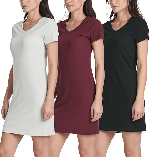 Image of Real Essentials 3 Pack: Women's Ribbed Knit Short-Sleeve V-Neck Swing T-Shirt Casual Dress (Available in Plus)